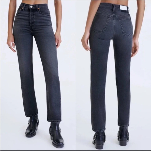 Re/Done Originals High Rise Slim Black Button Fly Distressed Denim Jeans Size 25 - Picture 1 of 9